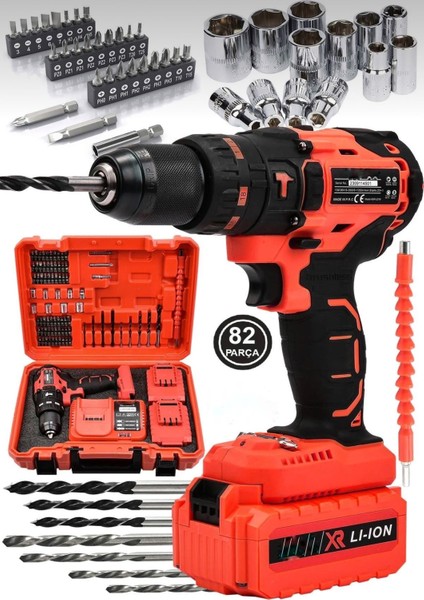 10 Pilli Darbeli Şarjlı Matkap Seti, Çelik Şanzıman, 82 Parça, Yüksek Performans