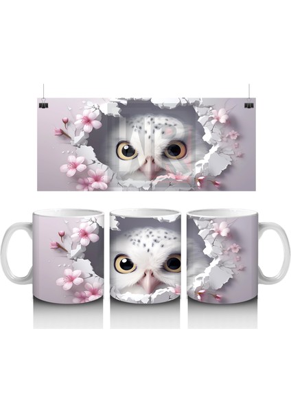 Pembe Çiçeklerle Süslenmiş Baykuş – Baskılı Kahve Kupası