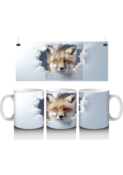 Beyaz Çatlaklı Zeminde Tilki Figürü – Baskılı Kahve Kupası