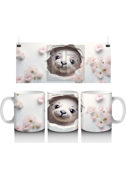 Beyaz Çiçekli Fon Üzerinde Şirin Su Samuru – Baskılı Kahve Kupası