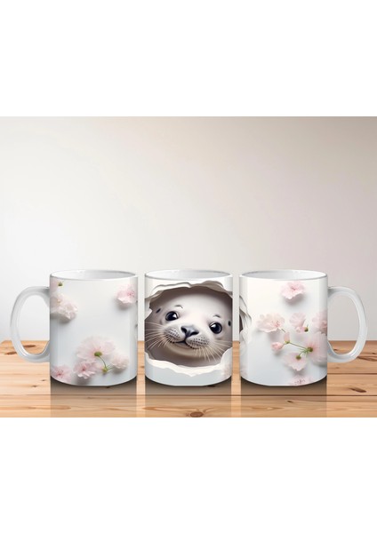 Beyaz Çiçekli Fon Üzerinde Şirin Su Samuru – Baskılı Kahve Kupası indirimleri