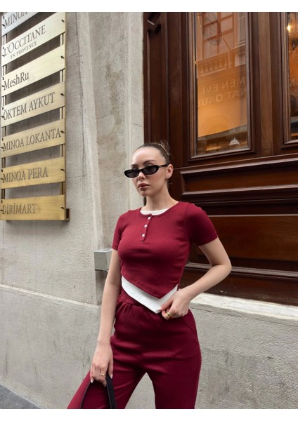 Düğme Yakalı Bordo Alt Üst Takım S3943 modelleri