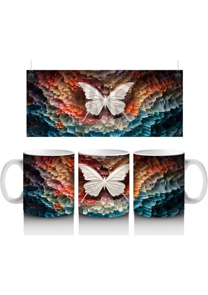 Turuncu Işıltılı Rölyef Doku Üzerinde Beyaz Kelebek – Baskılı Kahve Kupası