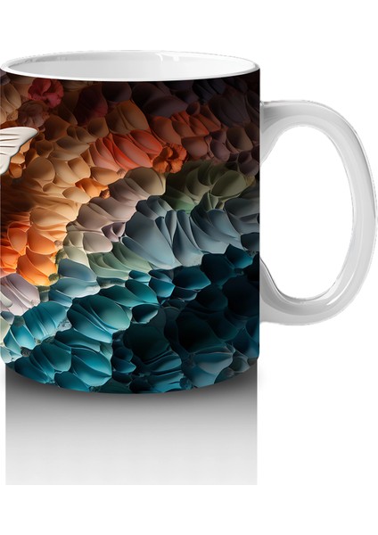 Turuncu Işıltılı Rölyef Doku Üzerinde Beyaz Kelebek – Baskılı Kahve Kupası fırsatları