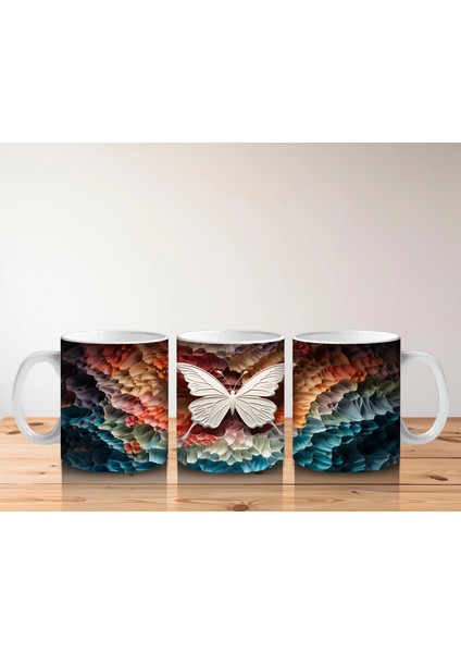 Turuncu Işıltılı Rölyef Doku Üzerinde Beyaz Kelebek – Baskılı Kahve Kupası indirimleri
