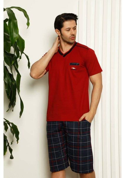 Erkek V Yaka Düğmesiz Ekose Desen Kısa Kol Cepli Şortlu %100 Pamuk Pijama Takımı fiyatları