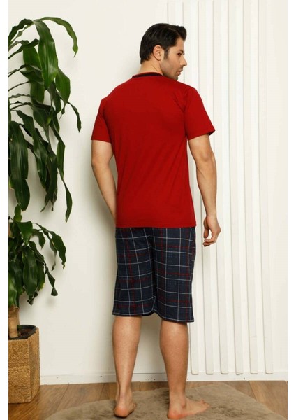 Erkek V Yaka Düğmesiz Ekose Desen Kısa Kol Cepli Şortlu %100 Pamuk Pijama Takımı modelleri