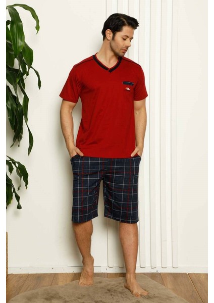 Erkek V Yaka Düğmesiz Ekose Desen Kısa Kol Cepli Şortlu %100 Pamuk Pijama Takımı fırsatları
