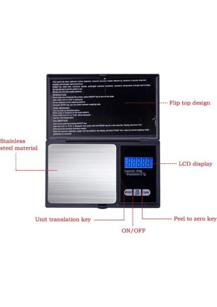 Hassas Dijital Cep Terazi 500G/0.01G, Mini, Açık Kapak, LCD Ekran, Şık Tasarım