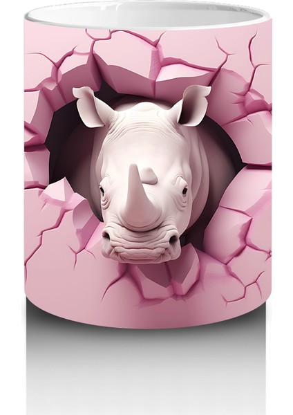 Pembe Çatlak Duvar Arasında Gergedan Illüstrasyonu - Baskılı Kahve Kupası modelleri