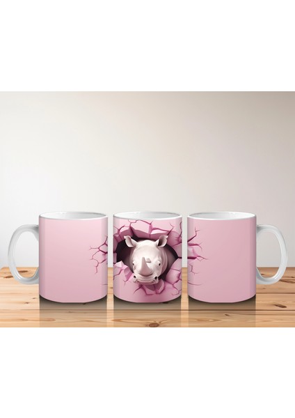 Pembe Çatlak Duvar Arasında Gergedan Illüstrasyonu - Baskılı Kahve Kupası indirimleri