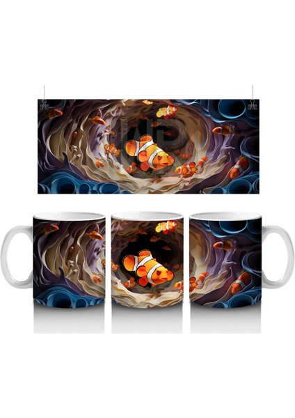 Yumuşak Dalgalar Arasında Yüzen Balıklar – Baskılı Kahve Kupası