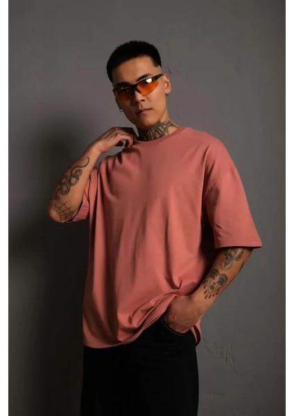 Erkek 24/1 Düz Oversize T-Shirt - Gül Kurusu