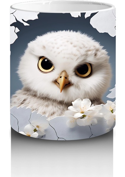 Beyaz Çiçekler Üzerinde Dikkatli Baykuş – Baskılı Kahve Kupası modelleri