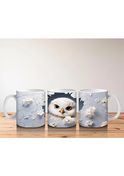 Beyaz Çiçekler Üzerinde Dikkatli Baykuş – Baskılı Kahve Kupası indirimleri