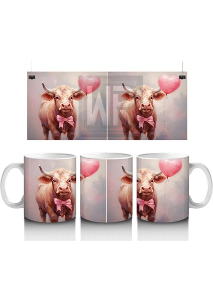 Kalp Balonu Tutan Sevimli Inekler – Baskılı Kahve Kupası