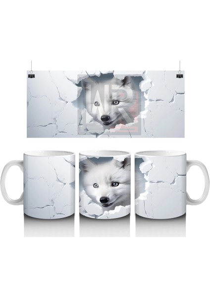 Beyaz Çatlaklı Fon Üzerinde Tilki Yavrusu – Baskılı Kahve Kupası