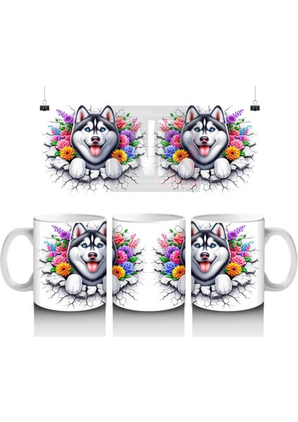 Çiçek Taçlı Gülümseyen Husky Deseni – Baskılı Kahve Kupası