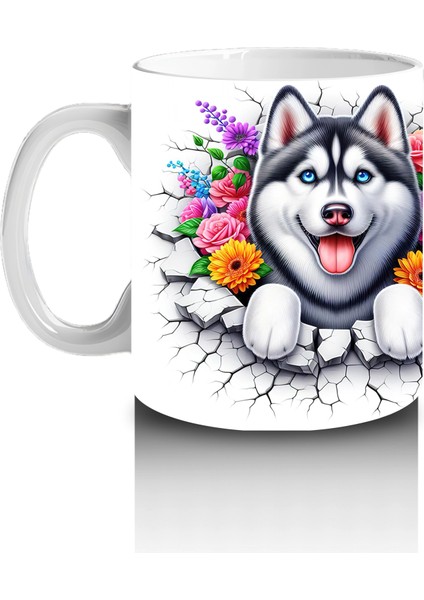 Çiçek Taçlı Gülümseyen Husky Deseni – Baskılı Kahve Kupası fiyatları