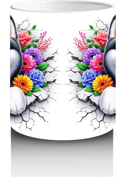 Çiçek Taçlı Gülümseyen Husky Deseni – Baskılı Kahve Kupası modelleri