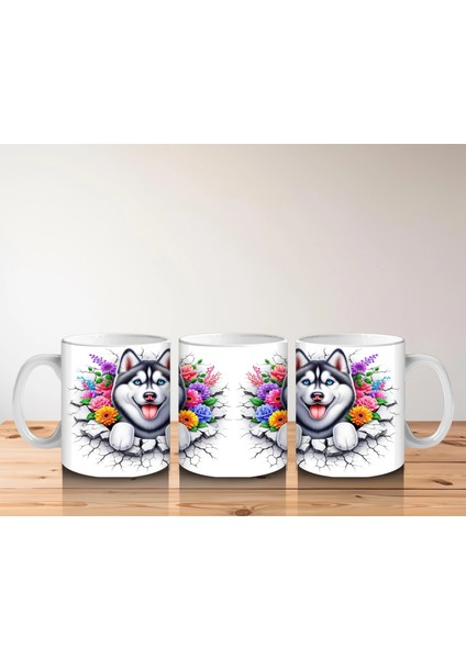 Çiçek Taçlı Gülümseyen Husky Deseni – Baskılı Kahve Kupası indirimleri