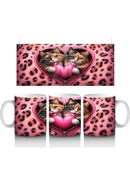 Kalpli Yastığa Sarılmış Sevimli Kedi Çifti – Baskılı Kahve Kupası
