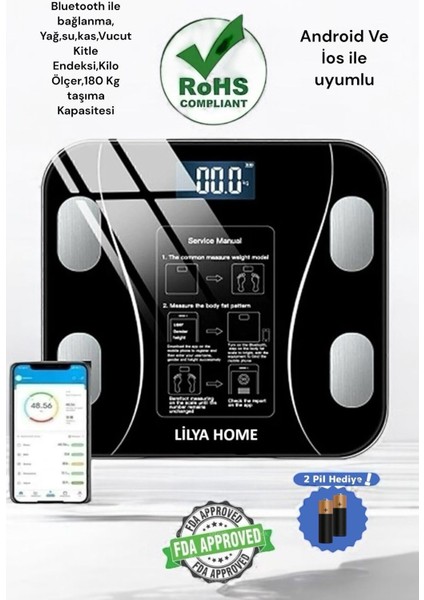 Beyaz ve Siyah Renklerde Bluetooth Dijital Vücut Ölçüm Tartısı