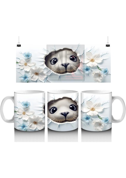 Beyaz Çiçekler Arasında Oturan Sevimli Kirpi – Baskılı Kahve Kupası