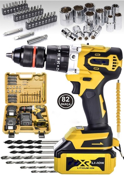 82 Parça Çelik Şanzumanlı Vidalama ve Darbeli Şarjlı Matkap Seti