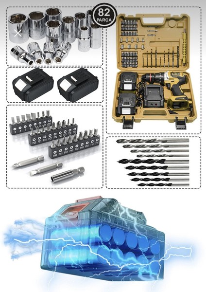 82 Parça Çelik Şanzumanlı Vidalama ve Darbeli Şarjlı Matkap Seti fiyatları