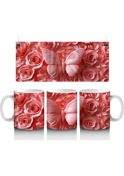 Gül Buketi Arasında Pembe Kelebek – Baskılı Kahve Kupası