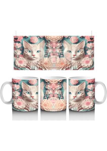 Süslemeli Fon Üzerinde Ayna Yansımalı Kediler – Baskılı Kahve Kupası