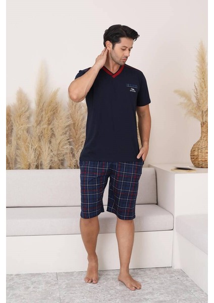 Erkek V Yaka Düğmesiz Ekose Desen Kısa Kol Cepli Şortlu %100 Pamuk Pijama Takımı