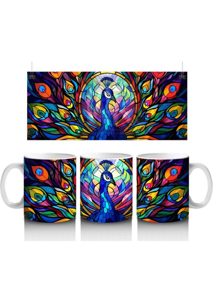 Renkli Tüy Desenleriyle Zarif Tavus Kuşu – Baskılı Kahve Kupası