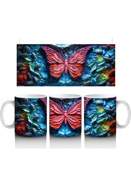 Renkli Kabartmalı Zemin Üzerinde Pembe Kelebek – Baskılı Kahve Kupası