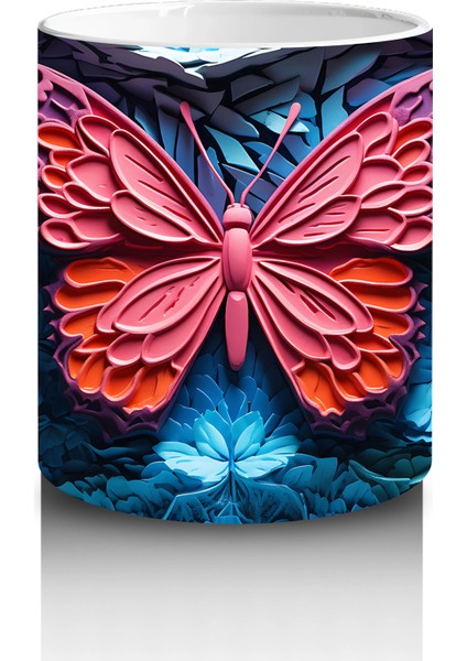 Renkli Kabartmalı Zemin Üzerinde Pembe Kelebek – Baskılı Kahve Kupası modelleri