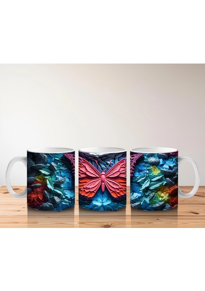 Renkli Kabartmalı Zemin Üzerinde Pembe Kelebek – Baskılı Kahve Kupası indirimleri