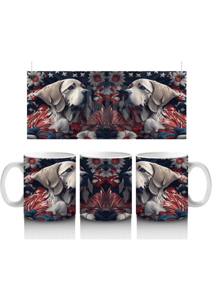 Koyu Çiçek Desenleri Önünde Zarif Köpekler – Baskılı Kahve Kupası