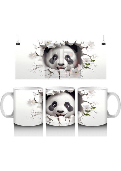 Beyaz Çiçekli Fon Üzerinde Tatlı Panda – Baskılı Kahve Kupası