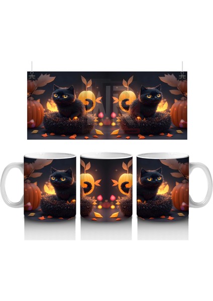 Sonbahar Yaprakları Arasında Gizlenen Siyah Kediler – Baskılı Kahve Kupası