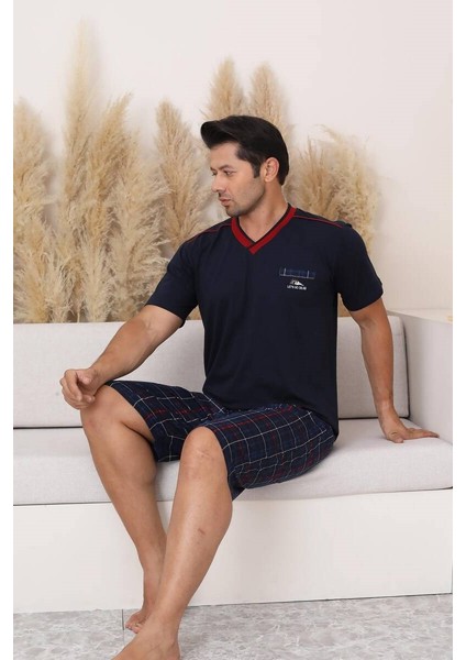 Erkek V Yaka Düğmesiz Ekose Desen Kısa Kol Cepli Şortlu %100 Pamuk Pijama Takımı fiyatları