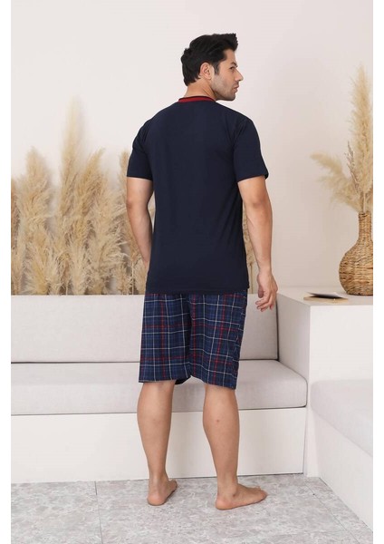 Erkek V Yaka Düğmesiz Ekose Desen Kısa Kol Cepli Şortlu %100 Pamuk Pijama Takımı modelleri