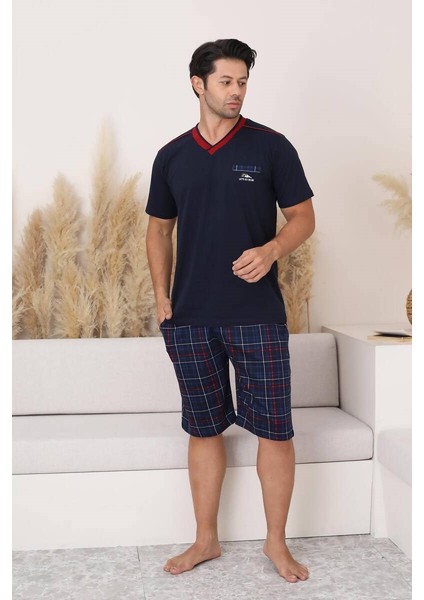 Erkek V Yaka Düğmesiz Ekose Desen Kısa Kol Cepli Şortlu %100 Pamuk Pijama Takımı fırsatları