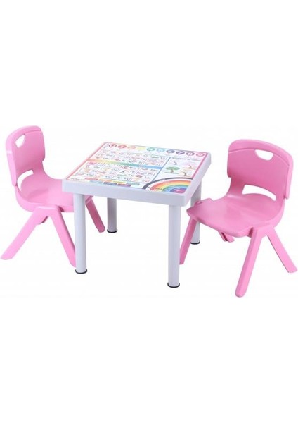 Plastik Mandella Rubi İngilizce Desenli Çocuk Masası 2 Adet Nova Orta Çocuk Koltuk Pembe