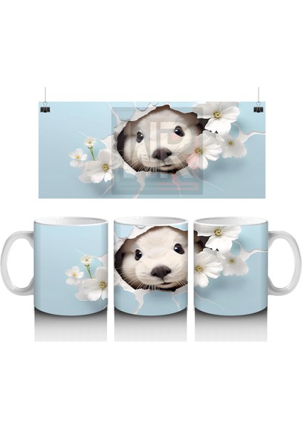 Mavi Arka Planda Çiçekler Içinde Sevimli Su Samuru – Baskılı Kahve Kupası