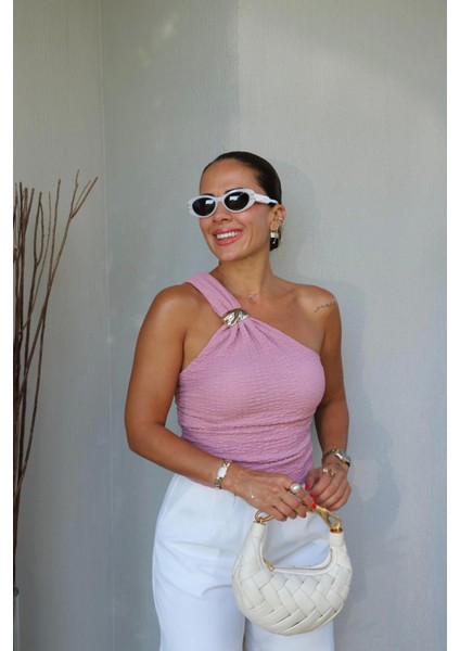 Pembe Tek Omuz Gold Toka Detay Bluz modelleri