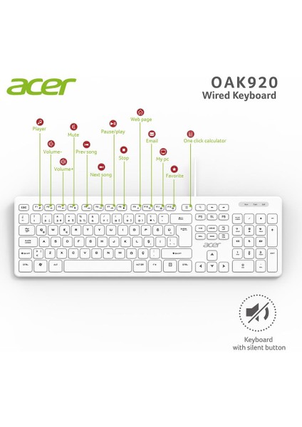 OAK920 Q USB Beyaz 1.8mt Kablolu Klavye-Tek Tuş Hesap Makinalı (Sessiz Tuş)