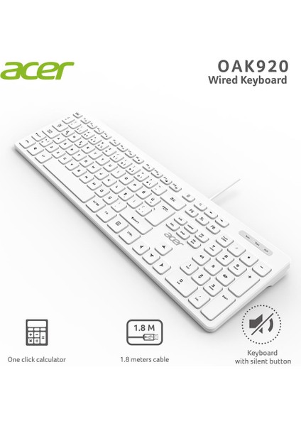 OAK920 Q USB Beyaz 1.8mt Kablolu Klavye-Tek Tuş Hesap Makinalı (Sessiz Tuş)