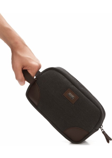 Erkek Kanvas Kumaş Portföy Clutch Traş Kozmetik Bakım ve Günlük El Çantası NEW347 - Kahverengi