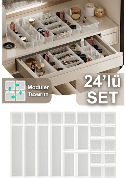 Çok Renkli 24'lü Makyaj ve Takı Düzenleyici Çekmece İçin Organizer Set